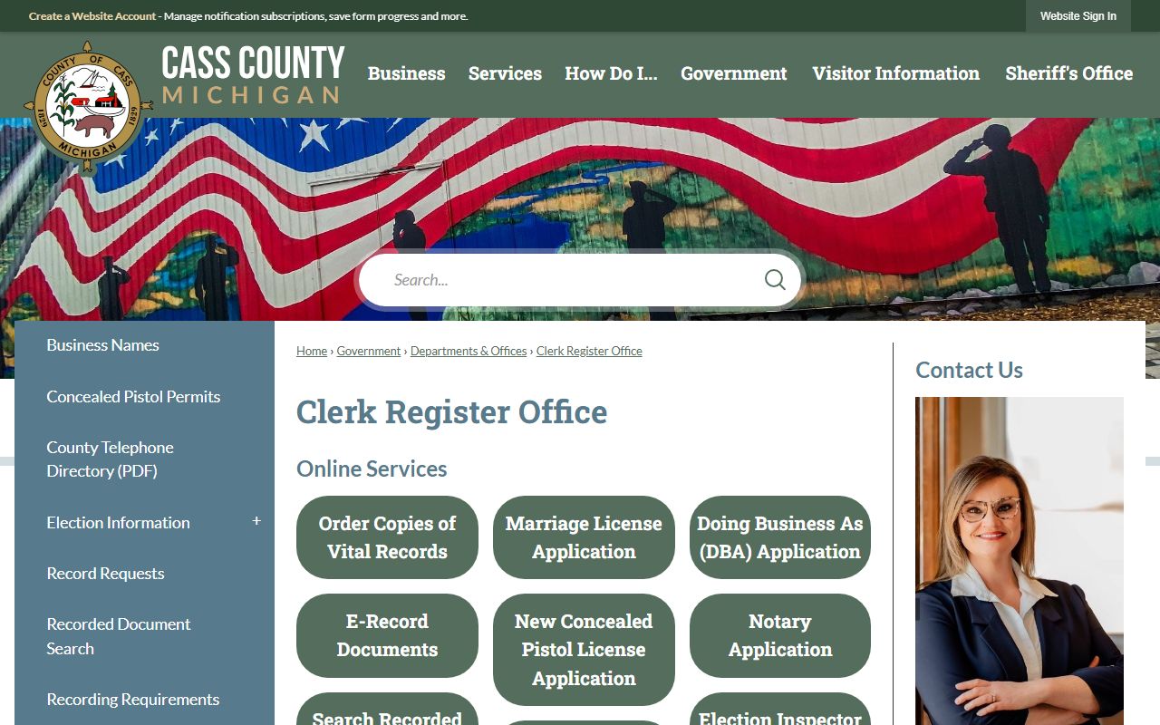 Cass County Clerk/Register of Deeds office records page with duties and contact details