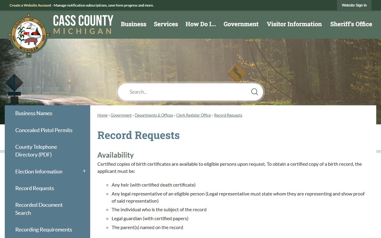 Cass County clerk vital records request page with identification and payment rules