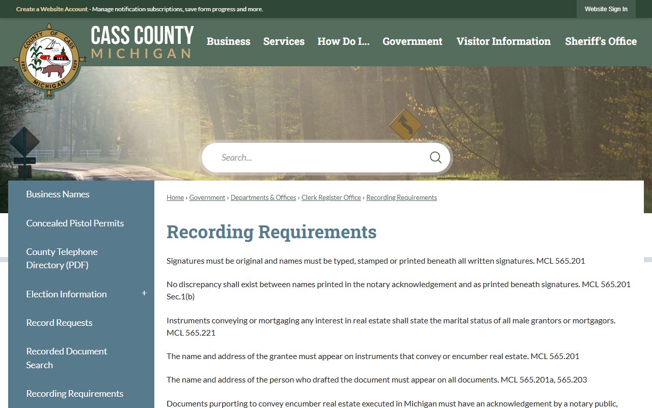 Cass County clerk recording requirements page with land record format rules and fees