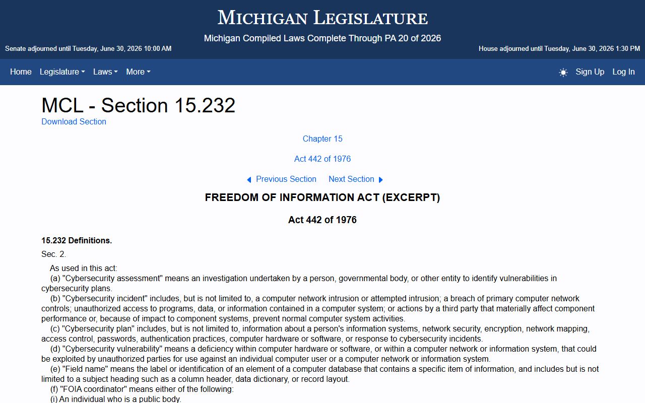 Cass County arrest records FOIA statute MCL 15.232 exemption
