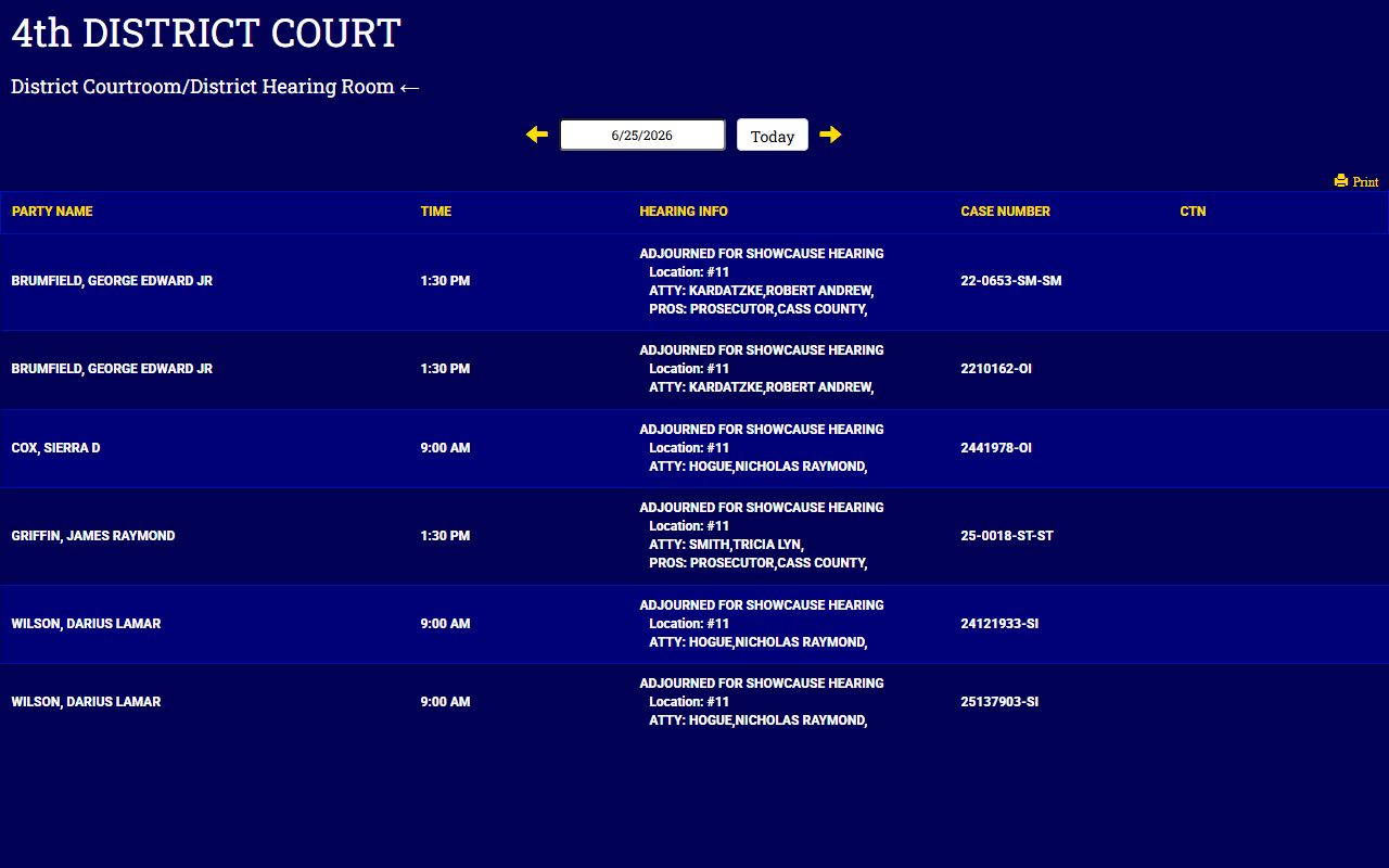 Cass County court records on the district court live docket display
