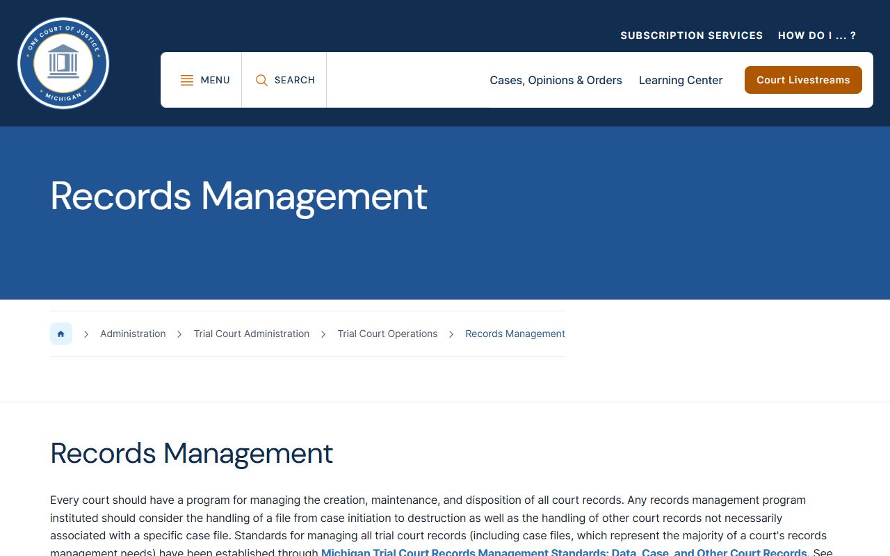 Cass County court records access on the Michigan courts records management page