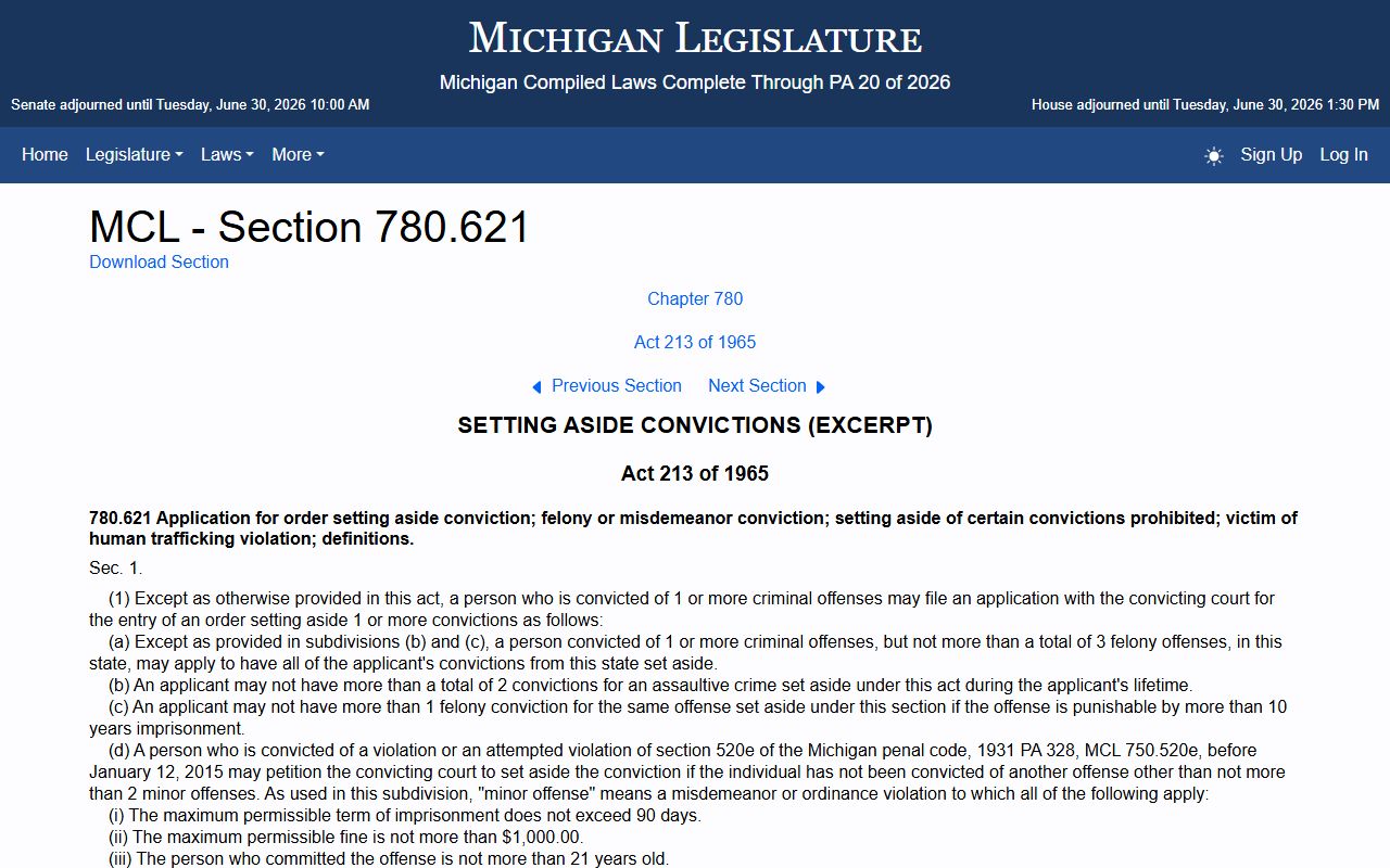 Cass County criminal court records expungement statute MCL 780.621