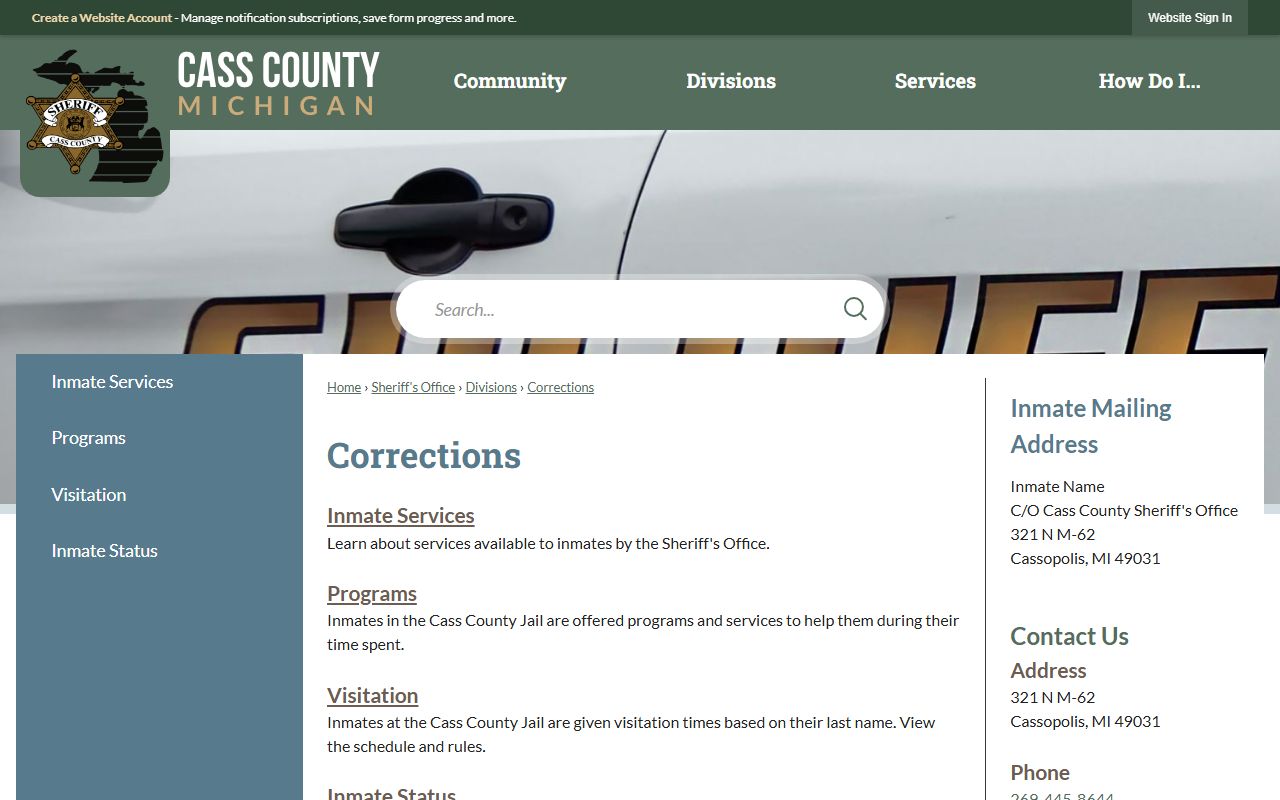 Cass County corrections page with inmate mailing address and custody status link
