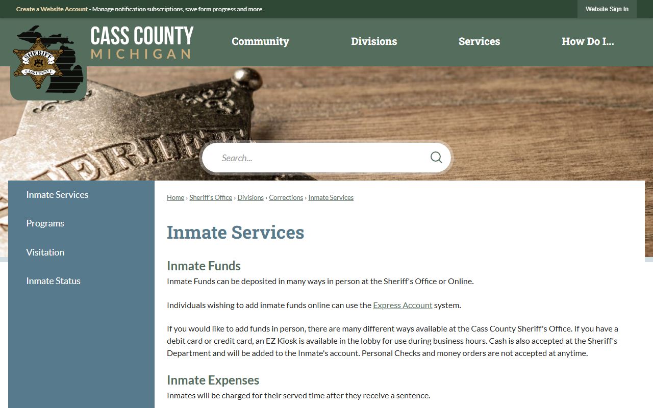Cass County inmate services page covering jail funds, bond, and video visitation