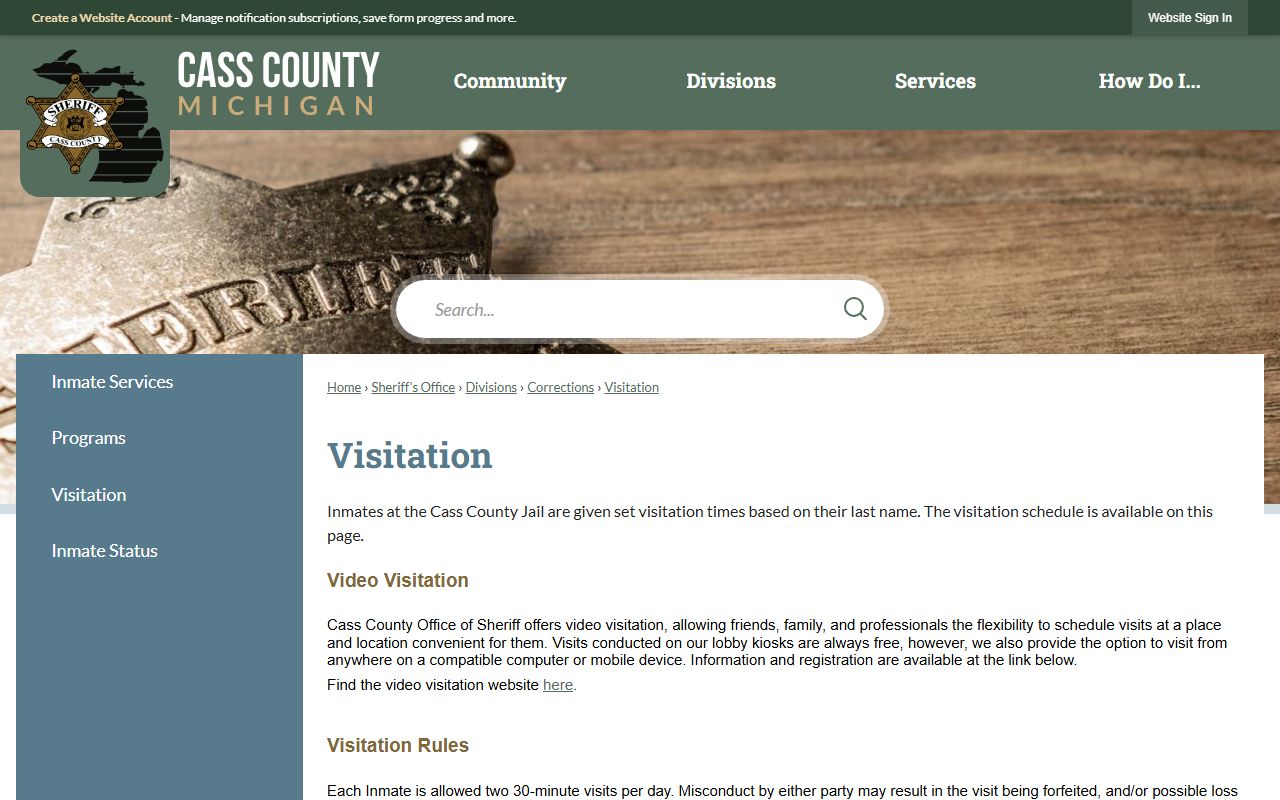 Cass County jail visitation rules page for inmate visits and video scheduling