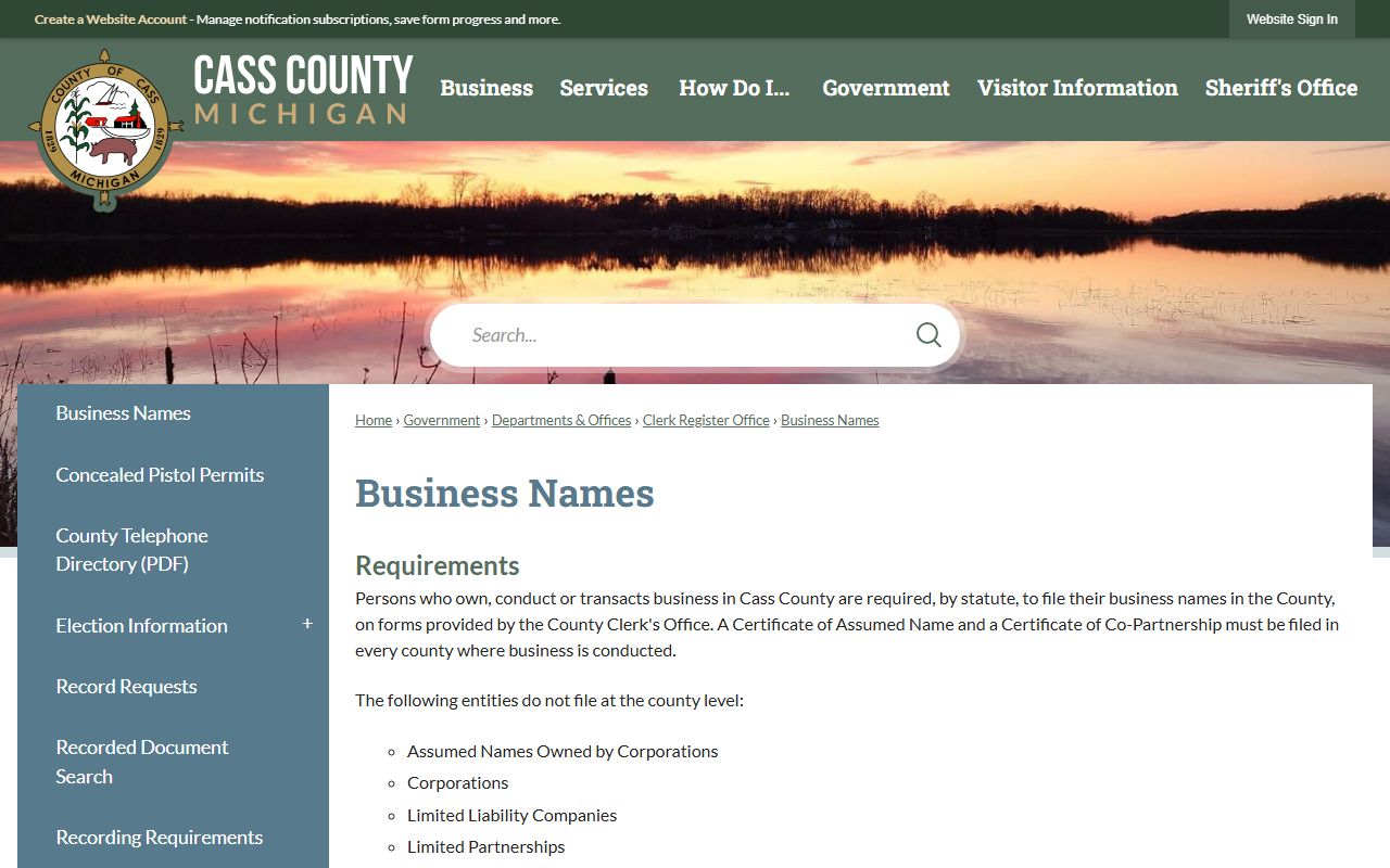 Cass County assumed business name and DBA records filing page