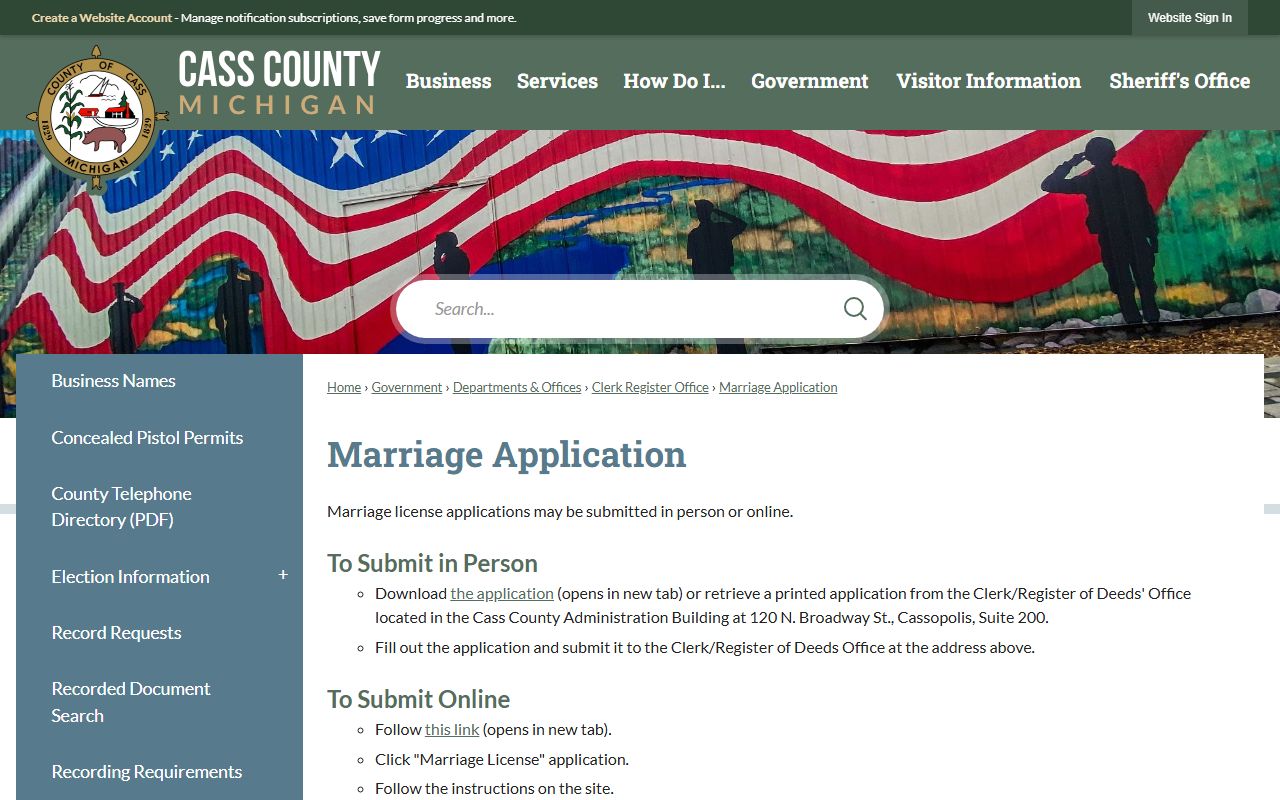 Cass County marriage license application record page