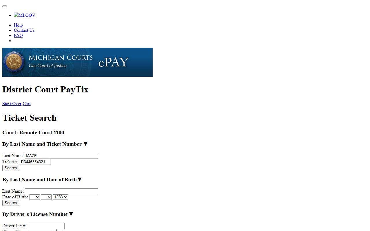 Cass County traffic citation lookup on the district court PayTix search page