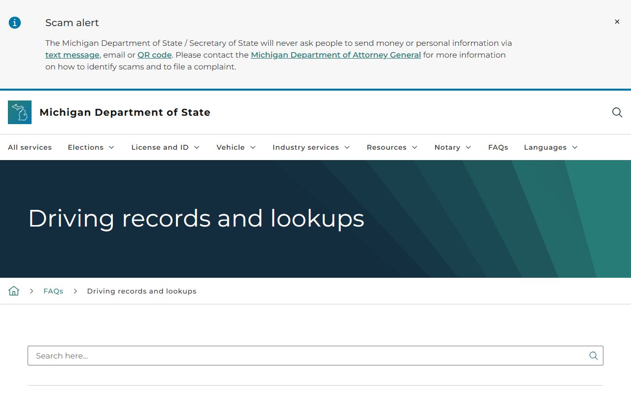 Cass County driver record information on the Michigan Secretary of State FAQ page