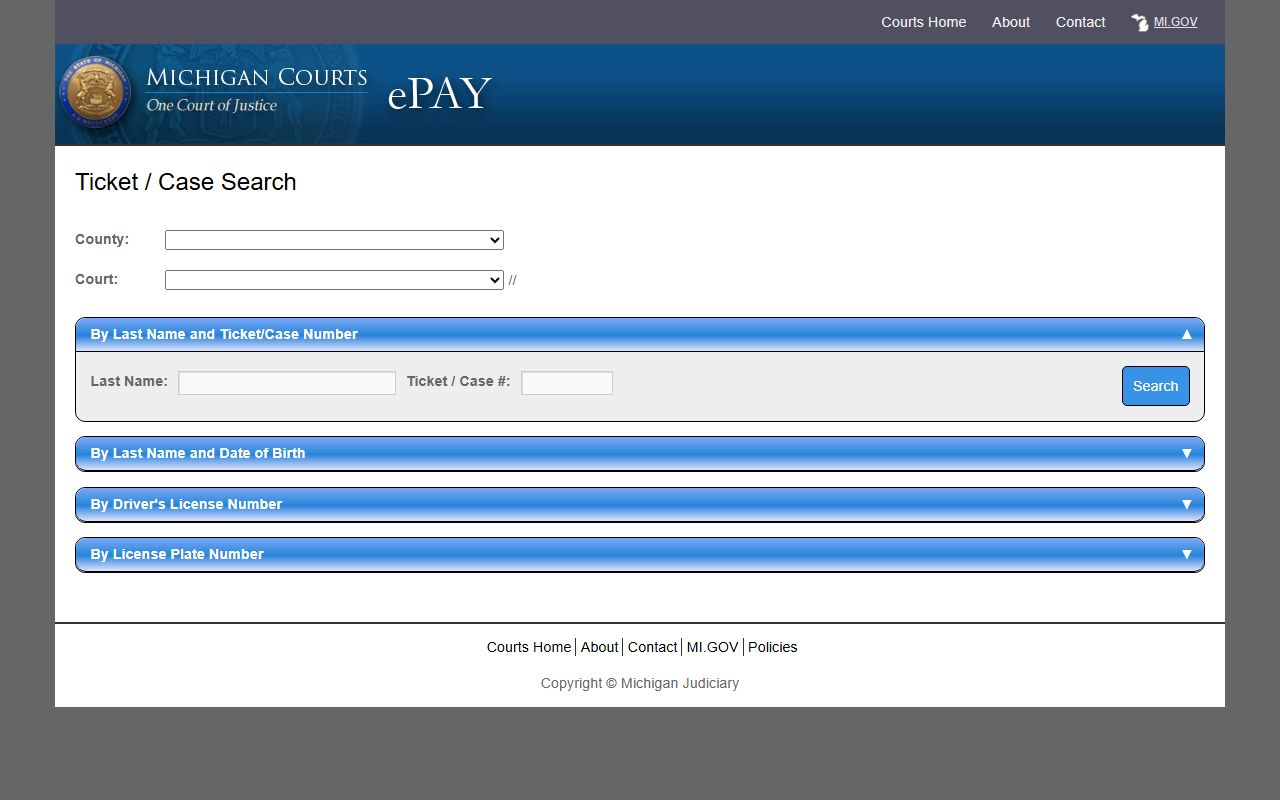 Cass County traffic court records search on the Michigan ePAY ticket portal