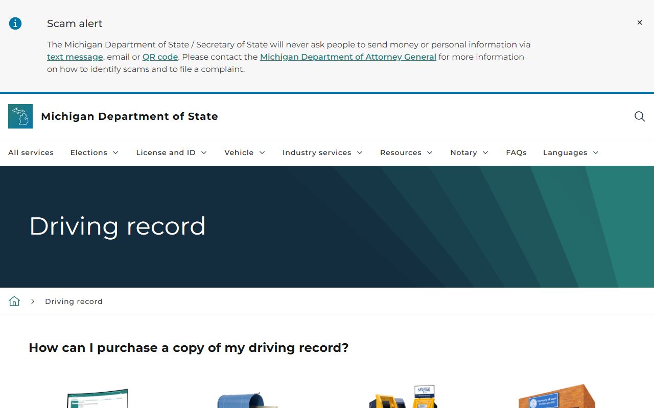 Cass County driving record purchase options on the Michigan Secretary of State page