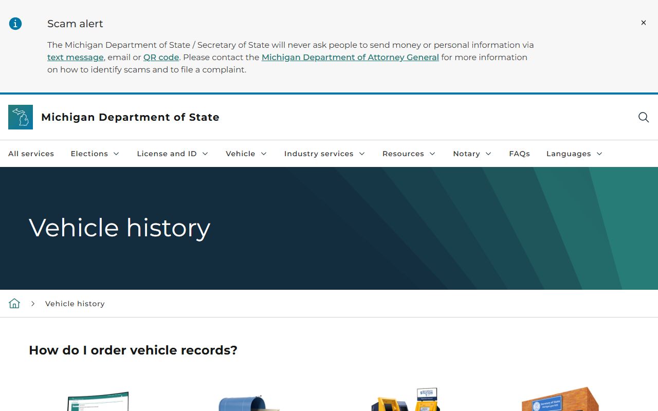 Cass County vehicle history record lookup on the Michigan Secretary of State page
