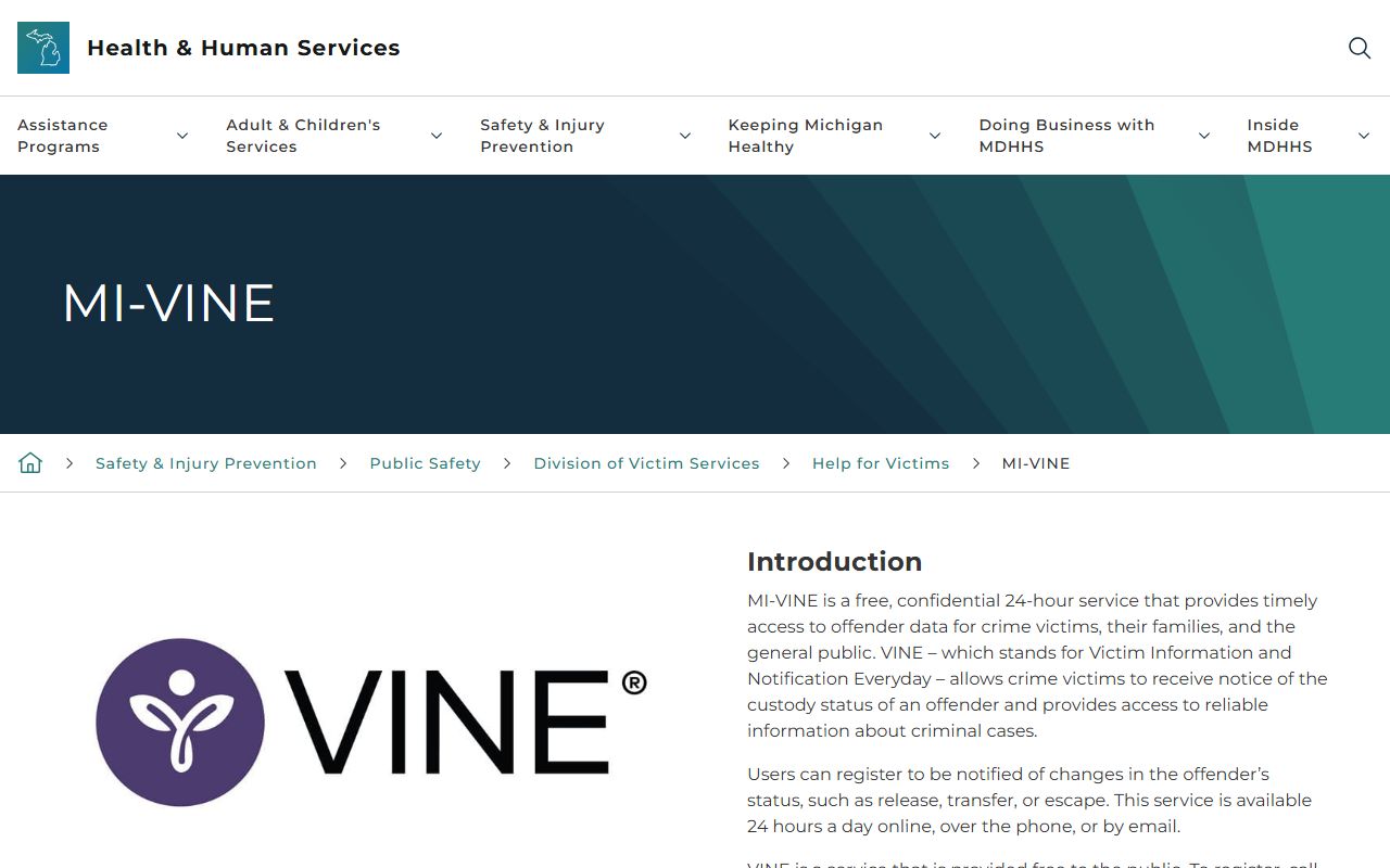 Michigan MI-VINE custody notification page used for Cass County status checks