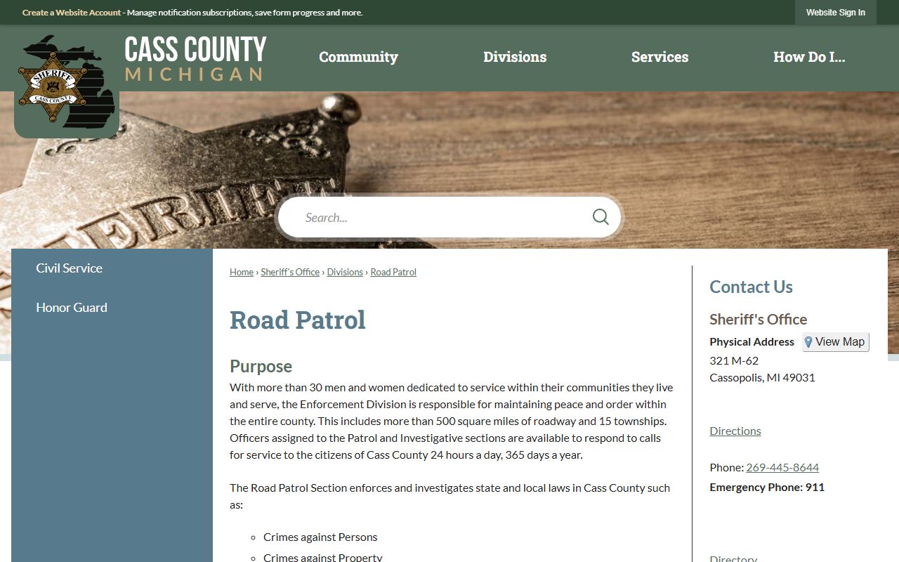 Cass County Sheriff road patrol page covering warrant service teams