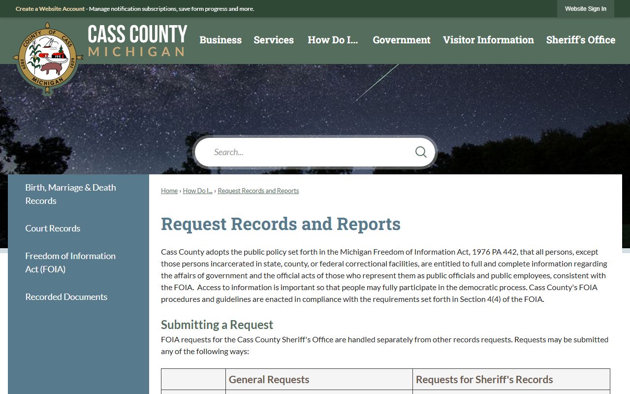 Cass County Sheriff records request page for warrant reports