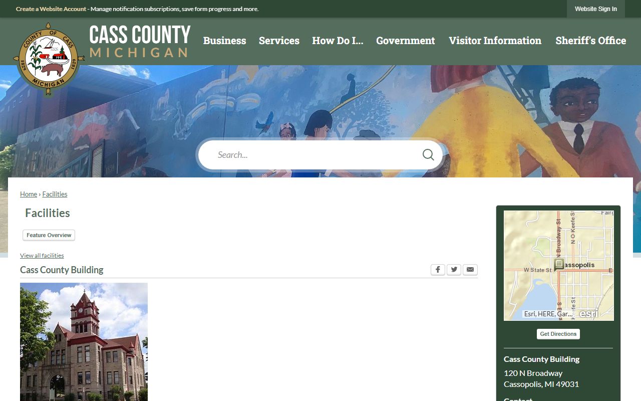 Cass County building facilities page with courthouse hours for court records visits